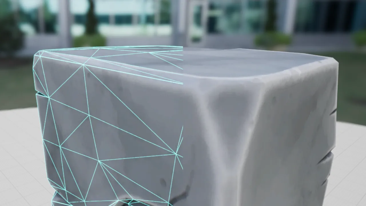 A rock ledge with a partial wireframe overlay showing its shape and edges