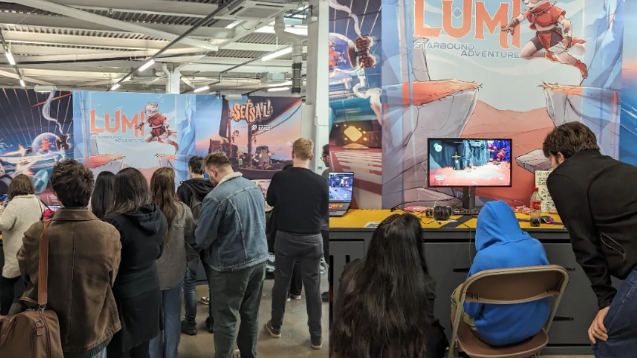 Visitors playing Lumi at a game expo, with the game's artwork behind the stand